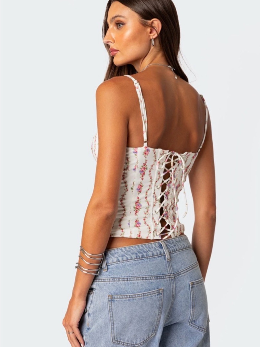 EDIKTED Indira Printed Cupped Lace Up Corset In White Size M - Picture 4 of 4